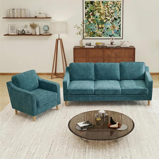 Kingfun Couch Sets for Living Room, 3 Seater Couch and Armchair, Mid Century Modern Sofa Set, Chenille Couch with Solid Wood Frame for Bedroom