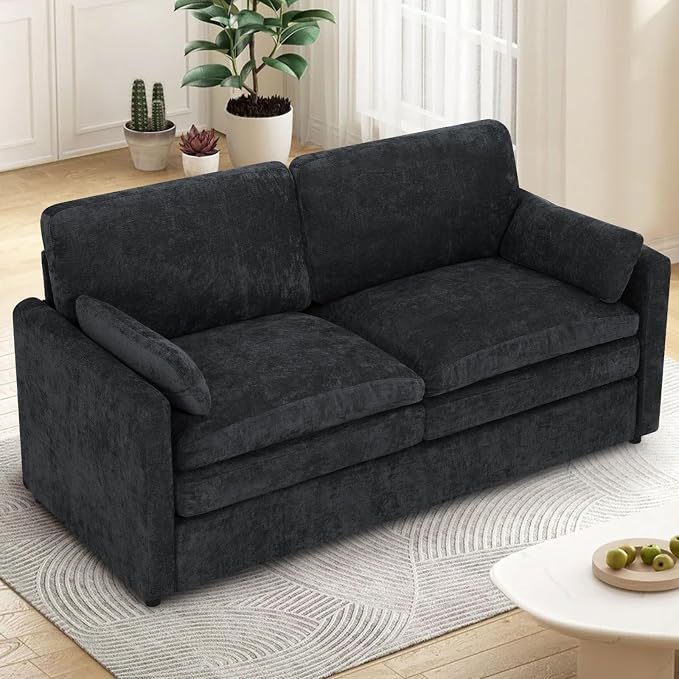 69” Chenille Love seat Sofa w/Arm Pillows, Upholstered 2 Seater Sofa w/Comfortable Back Cushions, Modern 2 Seats Couch w/High-Density Foam for Living Room, Apartment, Office, Black