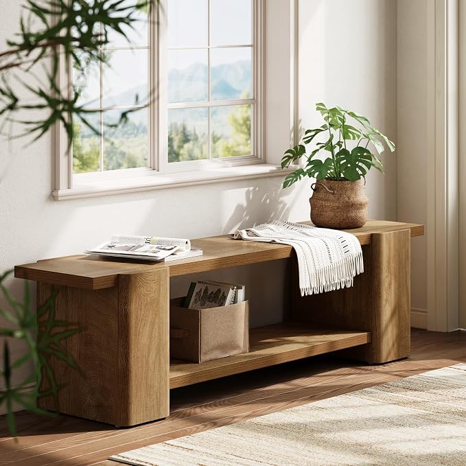 LITTLE TREE Wood Entryway Bench, 63" End of Bed Bench with Storage Shelf, Farmhouse Extra Long Shoe Bench for Entryway, Dining Room, Hallway, Living Room, Bedroom, Double-Reinforced Legs, Natural Oak