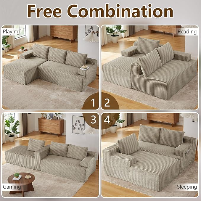 96.1" Modular Sectional Sofa Couches L-Shape Couch 3 Seat Modular Sofa Corduroy Memory Foam Sectional Boneless Couches for Living Room, Cloud Couch with Oversized Chaise(Camel, Left Facing)
