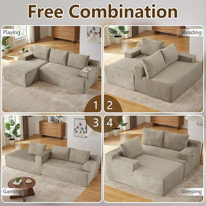 96.1" Modular Sectional Sofa Couches L-Shape Couch 3 Seat Modular Sofa Corduroy Memory Foam Sectional Boneless Couches for Living Room, Cloud Couch with Oversized Chaise(Camel, Left Facing)
