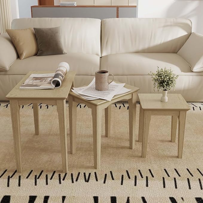 Kmax Nesting Tables Set of 3, Small Sofa Side Table Rustic Stacking End Table Rectangle Solid Wood Coffee Tables for Small Space - Ashes White