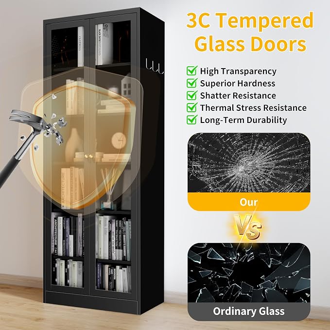 Kitchen Pantry Cabinet, 72" Tall Pantry Storage Cabinet with Adjustable Shelves and Glass Doors, Metal Storage Cabinets with Handle for Living Room, Kitchen, Assemble Required (Black)