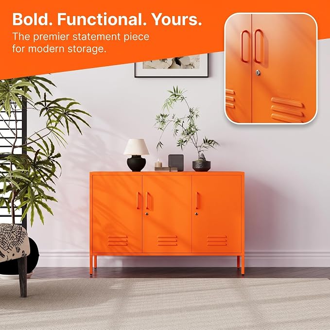 32" Wide 3-Door Lockable Metal Storage Cabinet with Accent Cabinet Locker, Heavy Duty Home Tool Cabinet, 2 Removable Shelves & Easy Assembly, for Home, Office, Entryway and Hallway Orange
