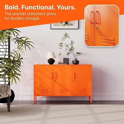 32" Wide 3-Door Lockable Metal Storage Cabinet with Accent Cabinet Locker, Heavy Duty Home Tool Cabinet, 2 Removable Shelves & Easy Assembly, for Home, Office, Entryway and Hallway Orange