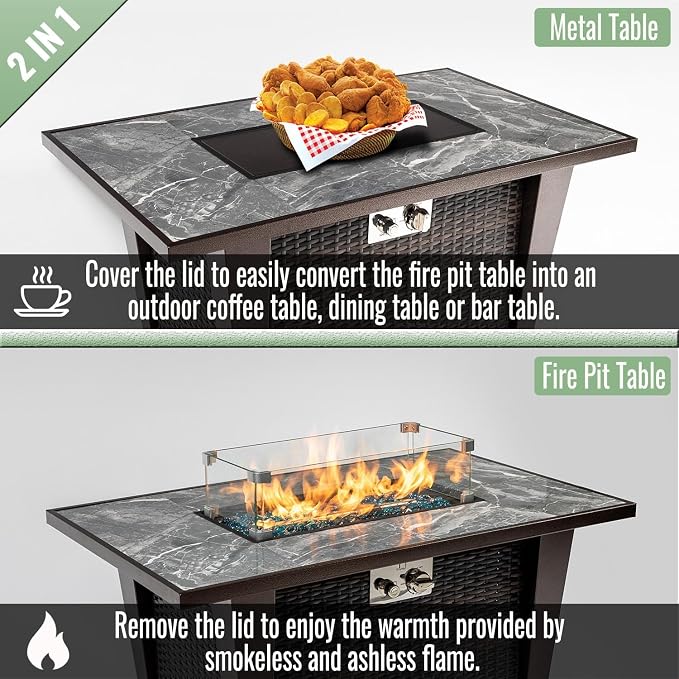 42" Propane Gas Fire Pit Table 50000 BTU Rectangular Outdoor Fire Pit with Ceramic Tile Tabletop Glass Wind Guard, Steel Patio Fire Table & PE Wicker Panel, Lid Rain Cover for Backyard Garden, Gray
