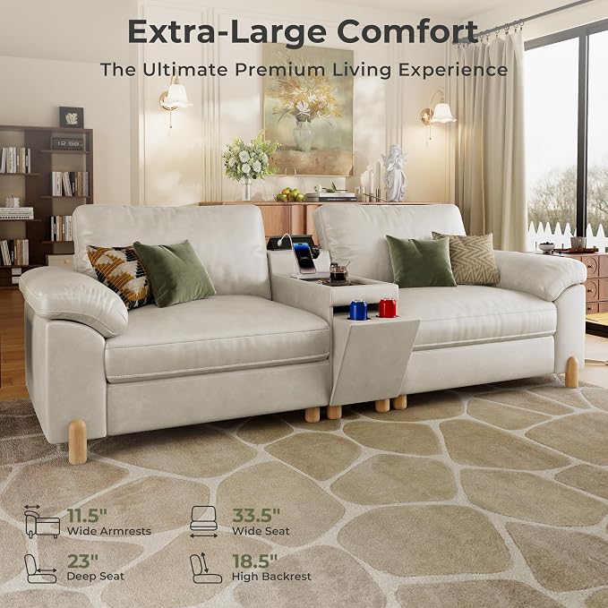 SITJOY Large Cloud Couch, 100" Wide Loveseat Sofa, Faux Leather in White | Pet-Friendly Scratch-Resistant Leather Sectional Sofas for Living Room, Deep Seat Wide Couch with Cuphoders