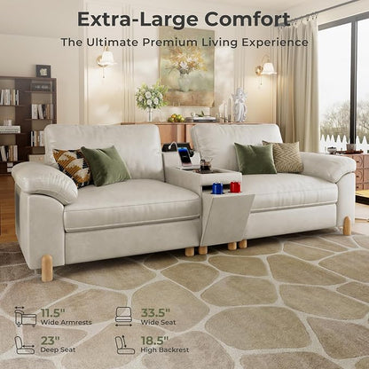SITJOY Large Cloud Couch, 100" Wide Loveseat Sofa, Faux Leather in White | Pet-Friendly Scratch-Resistant Leather Sectional Sofas for Living Room, Deep Seat Wide Couch with Cuphoders