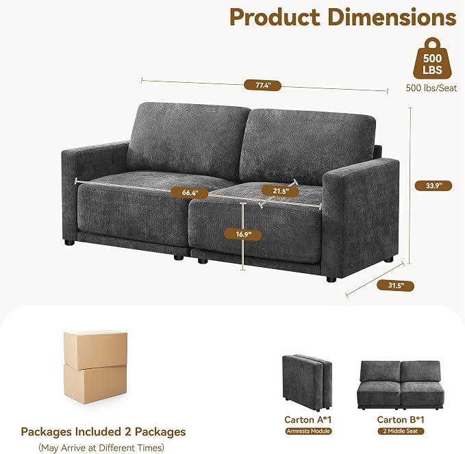 77.4" Chenille Modular Loveseat Oversized Upholstered 2 Seater Sectional Sofa with Thickened Cushions, Easy Assembly, Modern Comfy Love Seat Couch for Living Room, Grey