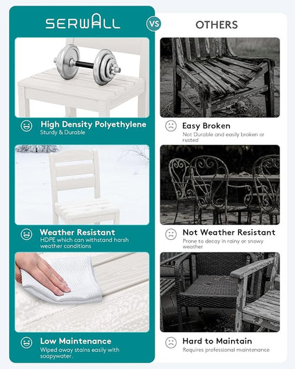 SERWALL 10 Piece 84" HDPE Outdoor Dining Set for 8 with 6 Armless Chair, 2 Armchairs and Umbrella, White
