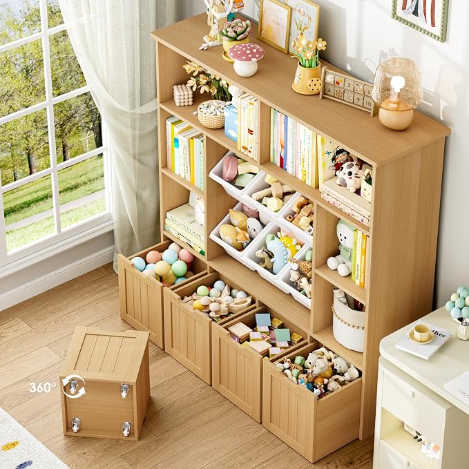 FINETONES Toy Storage Organizer with 6 Toy Bins, Large Toy Organizers and Storage with 4 Movable Drawers and 6 Storage Cubbies, Kids Toy Storage and Toy Chest for Playroom and Kids Room, Natural