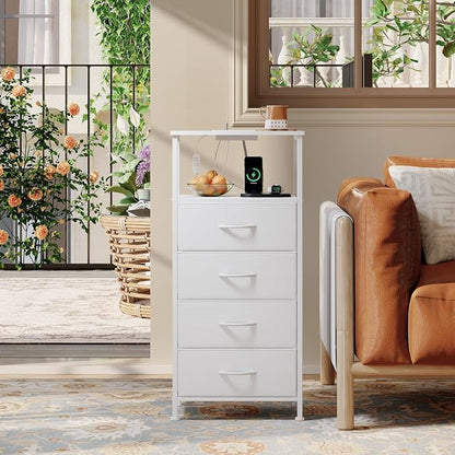 Somdot White Nightstand with Charging Station and LED Light for Bedroom, Tall 4 Drawers Dresser with Fabric Bins for Bedside Kids Dorm Room Closet Laundry Entryway, White Leather