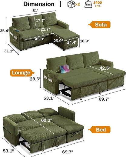 Vipbear 80" Sectional Sleeper Sofa Bed with Pull Out Bed, L Shaped Couch Pull Out Couch with Reclining Backrest, Reversible Storage Chaise, USB Ports, Tool-Free Assembly, Corduroy Olive Green