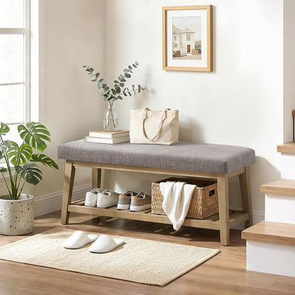 Entryway Bench with Cushion, Upholstered Shoe Rack Bench with Solid Wood Shelf, 44" End of Bed Bench for Bedroom, Chenille Fabric Storage Bench for Entryway, Hallway, Living Room (Grey)