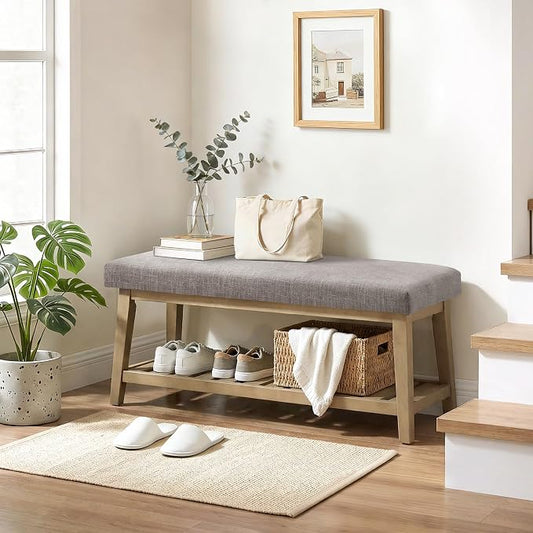 Entryway Bench with Cushion, Upholstered Shoe Rack Bench with Solid Wood Shelf, 44" End of Bed Bench for Bedroom, Chenille Fabric Storage Bench for Entryway, Hallway, Living Room (Grey)