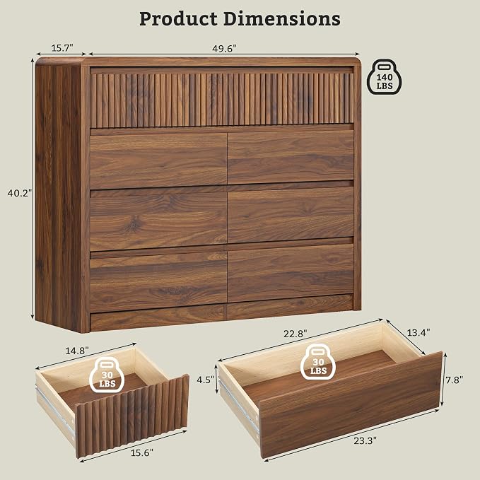 LYNSOM 9 Drawer Dresser for Bedroom, 50" Wide Fluted Dresser with Curved Corners, Wood Dressers & Chests of Drawers with Dual-Panel Design for Bedroom, Entryway, Walnut