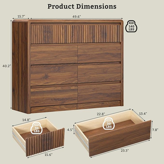 LYNSOM 9 Drawer Dresser for Bedroom, 50" Wide Fluted Dresser with Curved Corners, Wood Dressers & Chests of Drawers with Dual-Panel Design for Bedroom, Entryway, Walnut