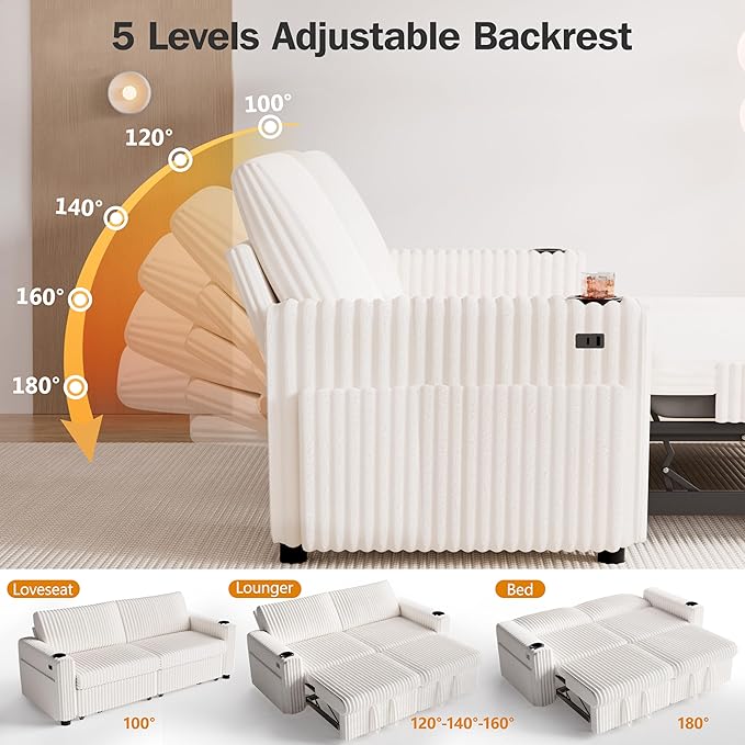 Vipbear 91" Sectional Sleeper Sofa with Pull Out Bed,5-Level Adjustable Backrest,3 Seat Modular Couch with Storage,Tool Free Assembly,USB & Cup Holders, Corduroy Sofa for Living Room,Beige