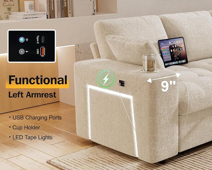 Vipbear 111" Modular Sectional Sleeper Sofa with Pull Out Bed, 7 Seat Chenille L Shaped Couch with Storage Ottoman|USB Ports|Cup Holders|Side Table|LED Light, Tool Free Assembly, Beige