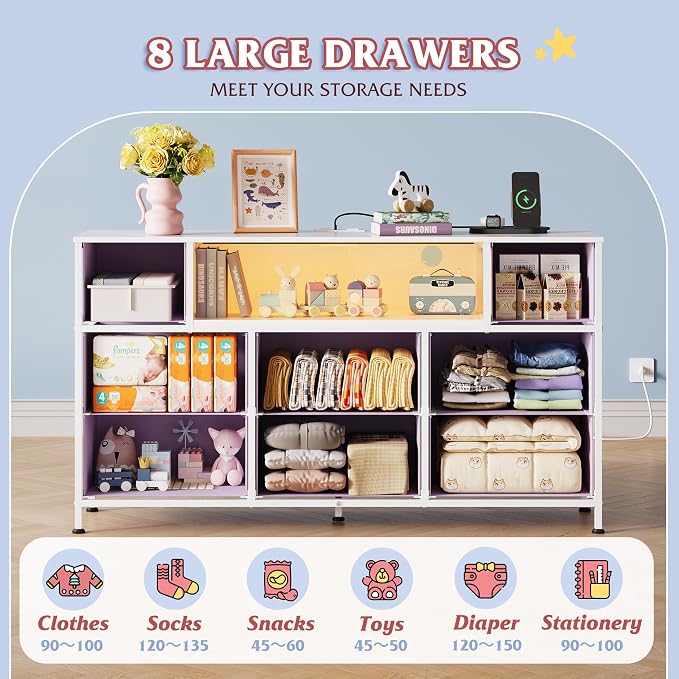WLIVE Purple Dresser TV Stand for 45, 50, 55 inch TV, Entertainment Center with LED Lights & Charging Station, Chest of Drawers with 8 Fabric Drawers and Open Shelves for Living Room, Hallway