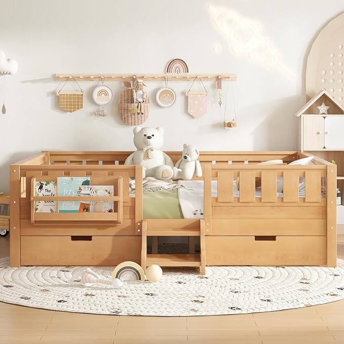 Bellemave Queen Size Bed with Slats and Stairs, Queen Size Platform Bed Frame with Fence, Bookshelf and Storage Drawers, Easy Assemble Beds for Girls, Boys, Deep Natural