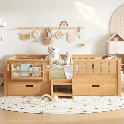 Bellemave Queen Size Bed with Slats and Stairs, Queen Size Platform Bed Frame with Fence, Bookshelf and Storage Drawers, Easy Assemble Beds for Girls, Boys, Deep Natural