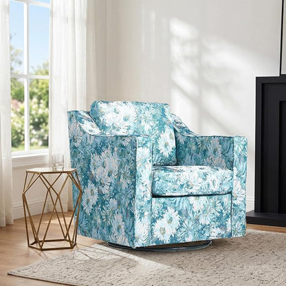 Swivel Accent Chair, Modern Round Barrel Arm Chair for Living Room, Bedroom, Comfy Club Reading Chairs for Adults (Cyan Blooms, Set of 2)
