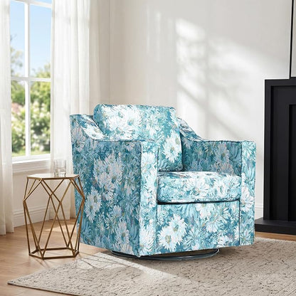 Swivel Accent Chair, Modern Round Barrel Arm Chair for Living Room, Bedroom, Comfy Club Reading Chairs for Adults (Cyan Blooms, Set of 1)