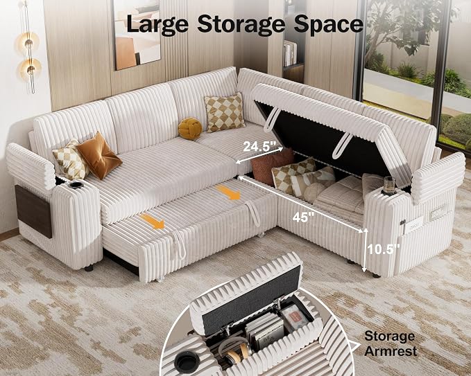 WEUP 86" Modular Sectional Sleeper Sofa with Pull Out Bed, 5 Seat Plush Corduroy L Shaped Couch with USB Ports|Cup Holders|Side Table|Storage Seat Armrests, Tool Free Assembly, Beige