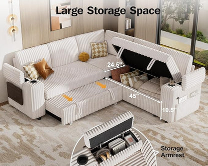 WEUP 86" Modular Sectional Sleeper Sofa with Pull Out Bed, 5 Seat Plush Corduroy L Shaped Couch with USB Ports|Cup Holders|Side Table|Storage Seat Armrests, Tool Free Assembly, Beige
