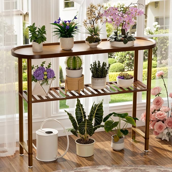 Farmhouse Entryway Table Bamboo 39.4", Narrow Console Table Oval Top, Behind Sofa Table with Anti-fall Edge, TV Stand for Living Room, Indoor Outdoor Plant Stand, 5min Easy Assembly, Dark Walnut