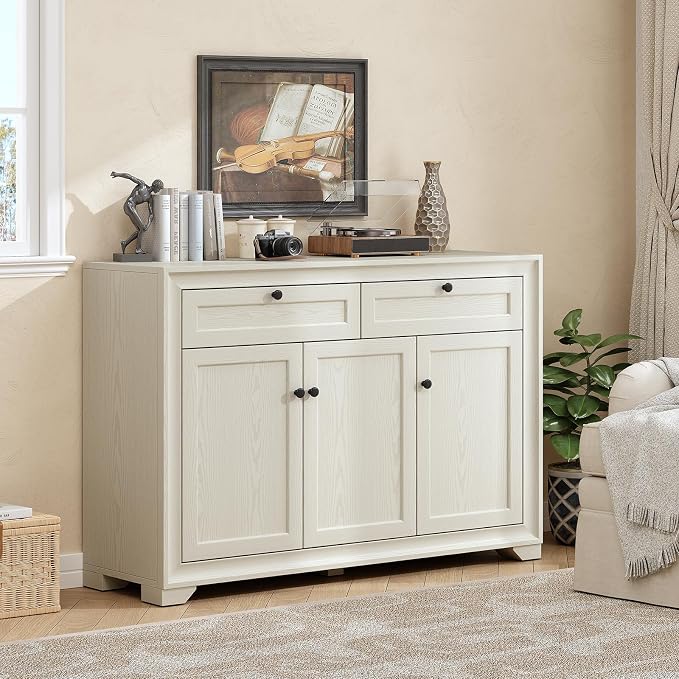 ONBRILL 48 Inches Sideboard Buffet Cabinet with Storage, Farmhouse Sideboard with 2 Drawers and 3 Doors, Wood Coffee Bar Cabinet with Adjustable Shelves for Living Room, Kitchen, Hallway, White