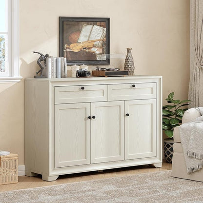 ONBRILL 48 Inches Sideboard Buffet Cabinet with Storage, Farmhouse Sideboard with 2 Drawers and 3 Doors, Wood Coffee Bar Cabinet with Adjustable Shelves for Living Room, Kitchen, Hallway, White