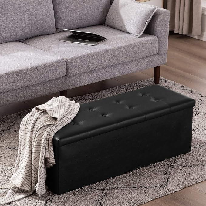 YOUDENOVA Folding Storage Ottoman, Faux Leather Ottoman Bench Footrest Ottoman, Storage Chest Padded Seat for Bedroom and Living Room, Black,15" D x 43" W x 15" H
