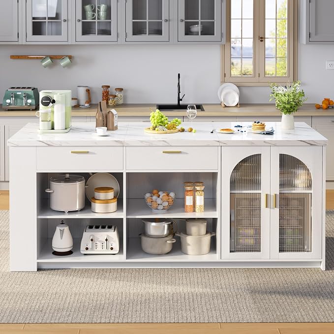 IBF 71" Large Kitchen Island with Storage, White Faux Marble Island table with Seating for 4-6, Stationary Island Cabinet with Drawers & Fridge Space, Modern Wood Counter Height Island Bar, Only Table