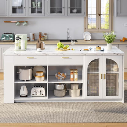 IBF 71" Large Kitchen Island with Storage, White Faux Marble Island table with Seating for 4-6, Stationary Island Cabinet with Drawers & Fridge Space, Modern Wood Counter Height Island Bar, Only Table