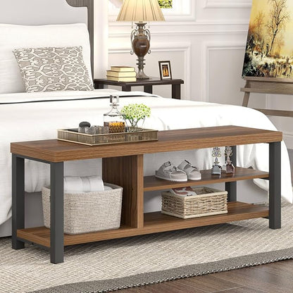 FOLUBAN Shoe Bench, Modern Wood and Metal Storage Bench for Entryway Hallway, Industrial Indoor Shoe Rack Bench Seat for Bedroom, Living Room, Rustic Walnut, 43.3 Inch