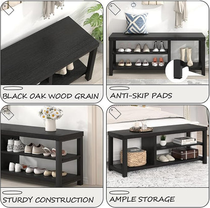 EXCEFUR Shoe Bench, Rustic Wooden Storage Bench for Entryway Hallway, Industrial Indoor Shoe Rack Bench Seat for Living Room Bedroom, 43.3 Inch Black