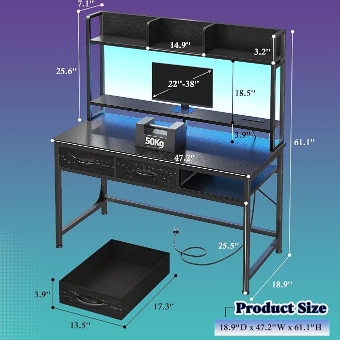 DurayLoly Computer Desk with Shelves and Drawers for Bedroom,Black | Neck&Waist Strain Relief Monitor Stand, Vision-protect RGB LED Suited for Students&Office Sitters