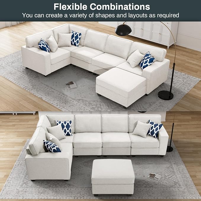 Legend Vansen Oversized Modular Sectional Sofa,U/L‑Shaped Reversible Couch with Ottoman,Deep Seat Plush Polyester Sofa for Living Room,6‑Seater,Cream