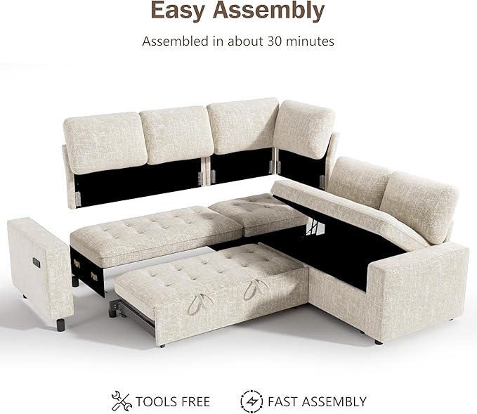 Sunny Heart Chenille Modular Sectional Sleeper Sofa with Pull Out Bed, L Shaped Sectional Sofa with USB Ports/Adjustable Backrest/Storage Seats, Tool-Free Assembly, Couches for Living Room Beige