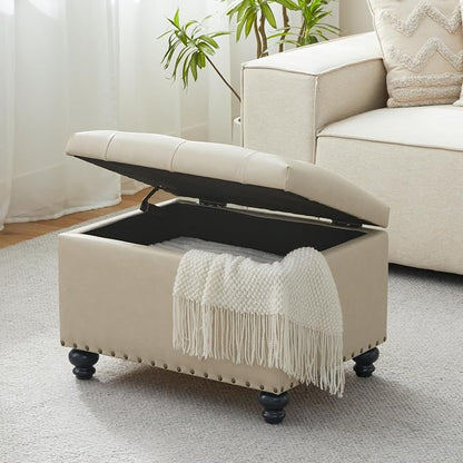 Zihanhome Leather Ottoman with Storage, Upholstered Button Tufted Ottoman Foot Rest, Foot Stools, 24" Rectangle Ottomans with Storage for Living Room, Bedroom, Dorms and Apartments (Beige-PU)
