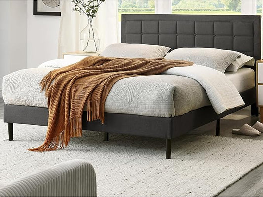Decoro Mornington Upholstered 2.0 Platform Bed, Button-Tufted Fabric Headboard and Metal Frame with Wood Slat Support, Dark Grey, Full