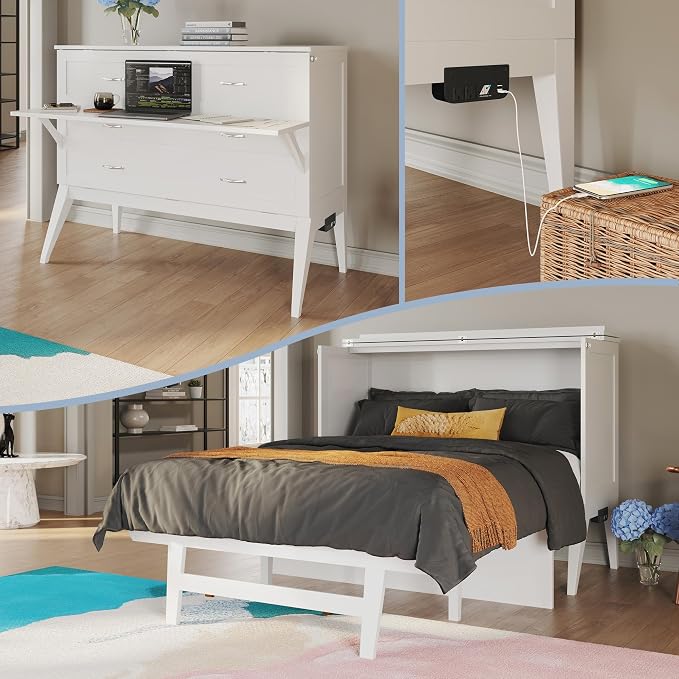 AFI, Northampton Full Size Murphy Bed Desk with Memory Foam 6" Mattress and Built-in USB Charger, White