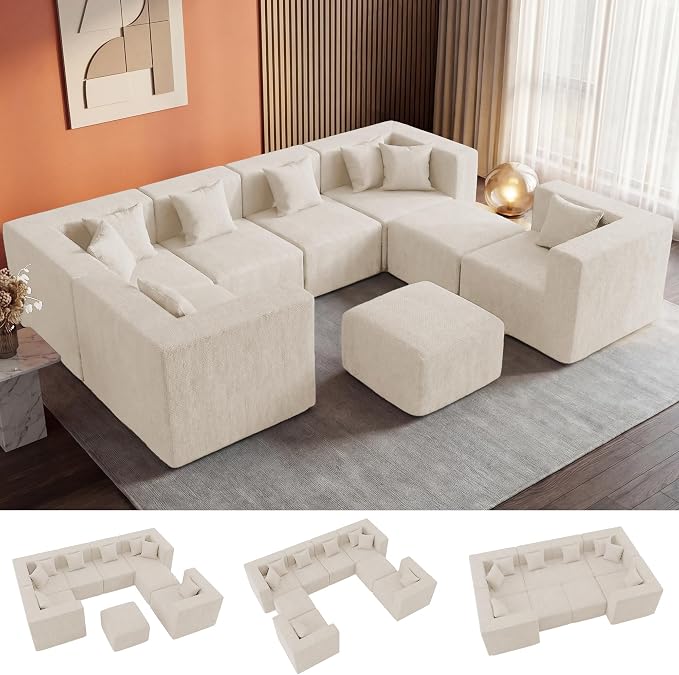 MONVANE Modular Sectional Sofa, Oversized 8 Seat Convertible U Shaped Couch with Ottoman, Comfy Chenille Cloud Couch with Deep Seat, Sectional Couches for Living Room, No Assembly Required, Beige