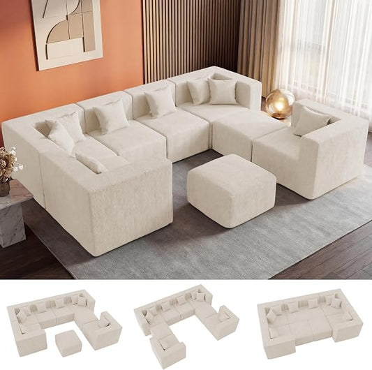 MONVANE Modular Sectional Sofa, Oversized 8 Seat Convertible U Shaped Couch with Ottoman, Comfy Chenille Cloud Couch with Deep Seat, Sectional Couches for Living Room, No Assembly Required, Beige