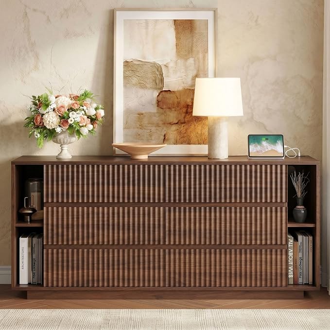 Whalefall 63 Inch Fluted 6 Drawers Dresser with Shelves, Walnut | Large Chest of Drawers for Bedroom, Mid Century Modern, Wood Closet Storage Organizer, Pedestal TV Stand for Living Room