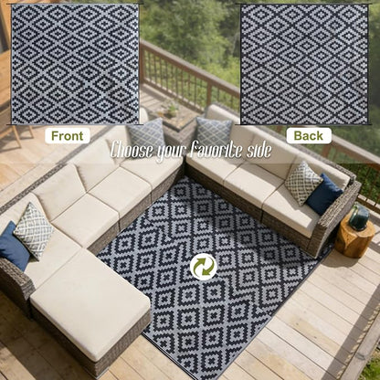 SAND MINE Waterproof Outdoor Rug, Plastic Reversible Rug, Modern Area Rug, Large Floor Mat for Outdoors, RV, Patio, Backyard, Deck, Picnic, Beach, Camping (10' x 10', Black Grey Lattice)