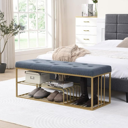 Upholstered Shoe Storage Bench-Nailhead Trim Linen Ottoman Bench with Shoes Rack for End of Bed Entryway Window Bedroom Living Mudroom Room,Blue