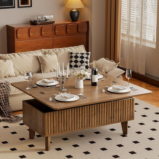 4 in 1 Lift Top Coffee Table with Storage, Mid Century Modern Living Room Center Table, Wood Fluted Multi-Function Convertible Dining Table, Walnut